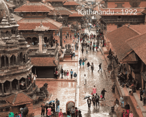 Kathmandu street scene in the early 1990s, showing daily life and temples