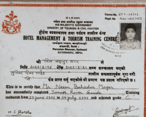 Government junior river guide license issued to Nim Magar in Nepal, 1995