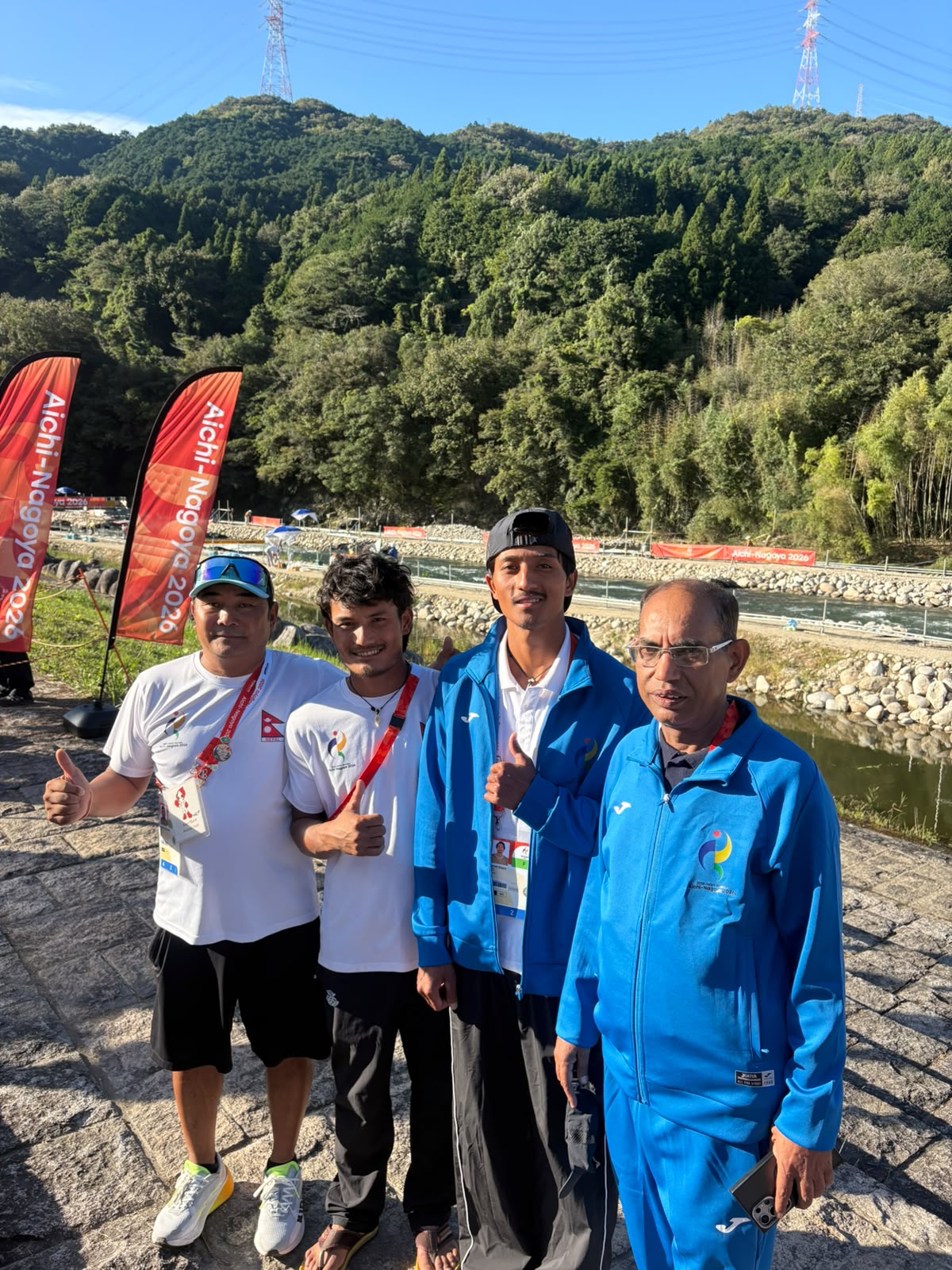 Nim Bahadur Magar with Nepal’s team at the Yahagigawa Canoe Slalom Course in Japan