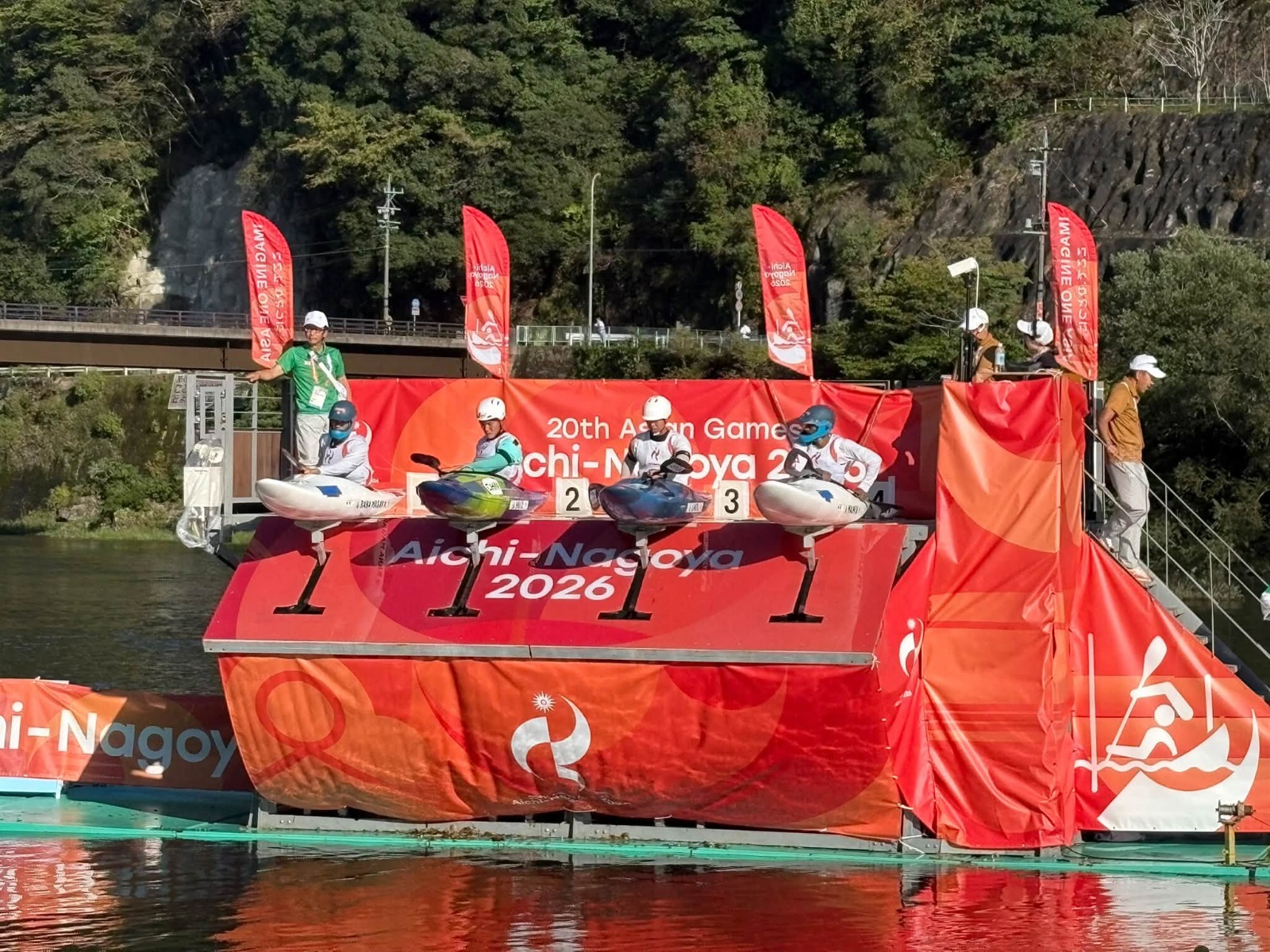 Ashish and Bijay of Nepal on the kayak cross start ramp at the 2026 Asian Games