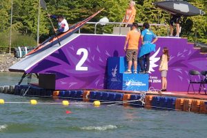 Nim Bahadur Magar paddles an ICF kayak down the obstacle ramp during the canoe slalom competition at the 2014 Asian Games in Incheon, South Korea.