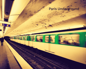 Blurred underground train passing through a subway station platform.